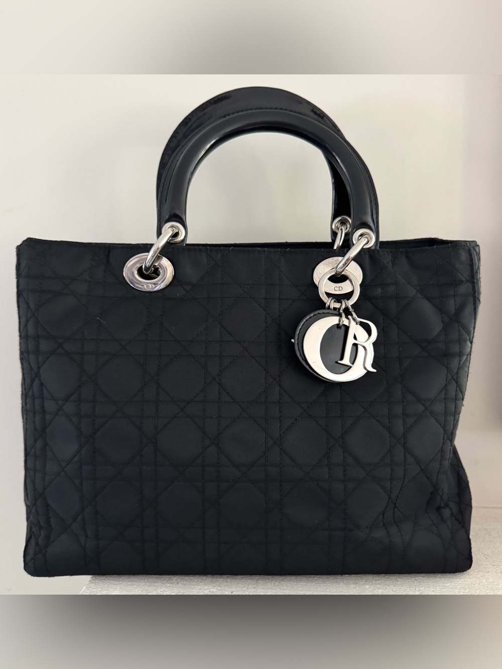 CHRISTIAN DIOR Vintage Large Black Quilted Nylon Lady Dior Tote Bag - Picture 1 of 12
